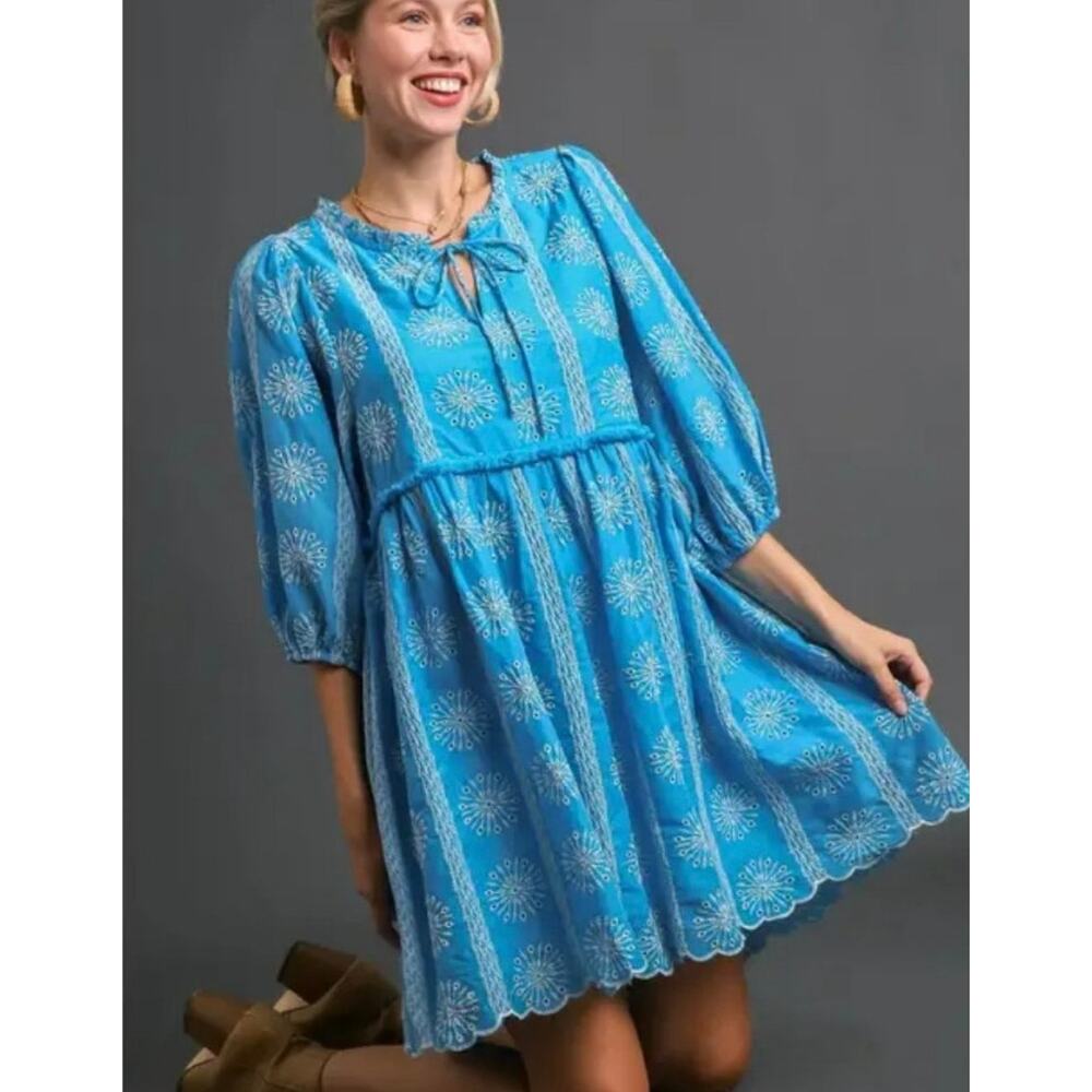 Umgee Embroidered BabyDoll Dress Aqua Blue Floral Eyelet Design Size Large
